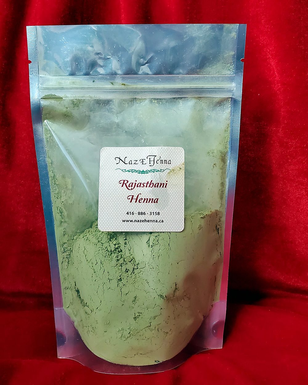 A sealed pouch of Naz-e-Henna Rajasthani henna powder